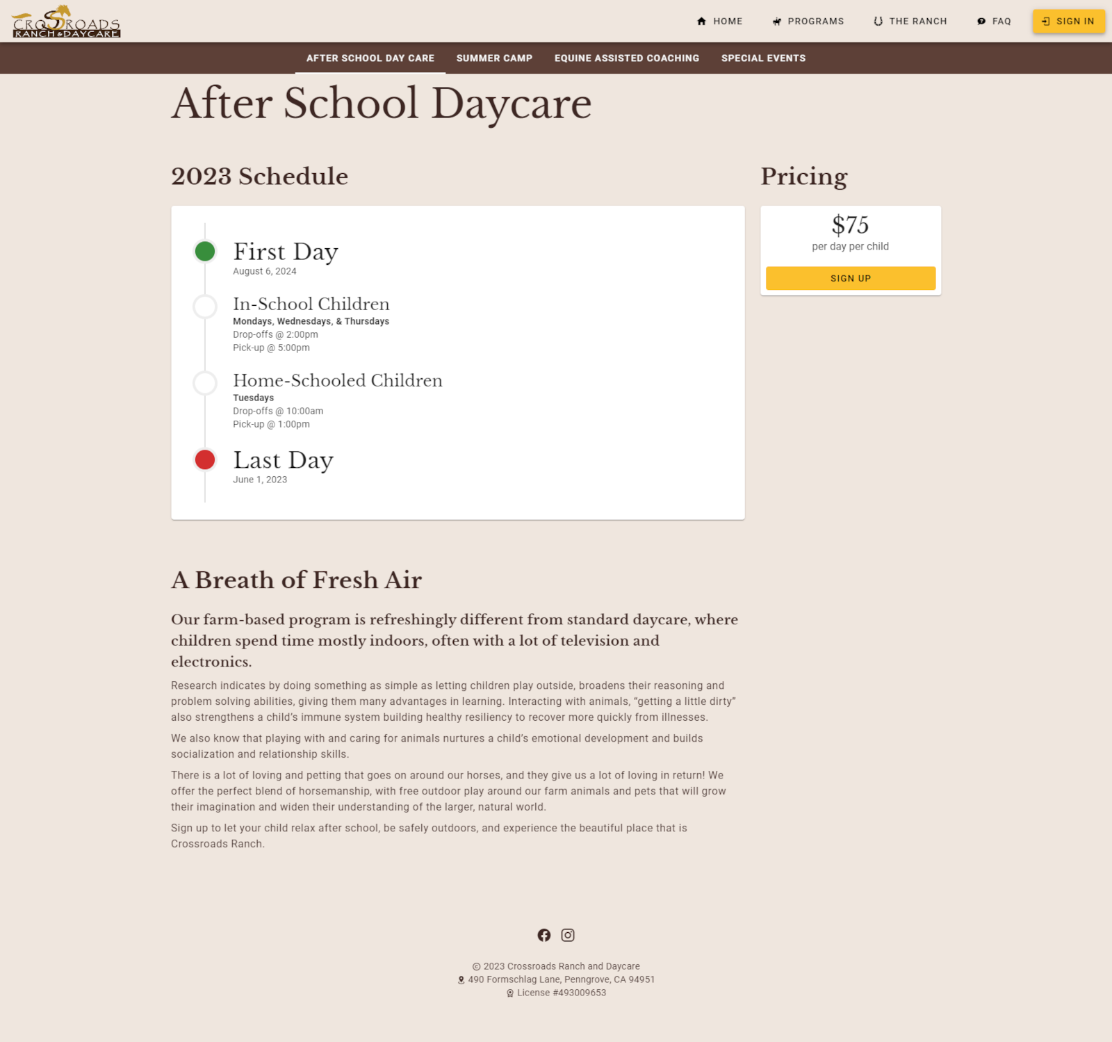 a web page with a schedule, pricing, and description section