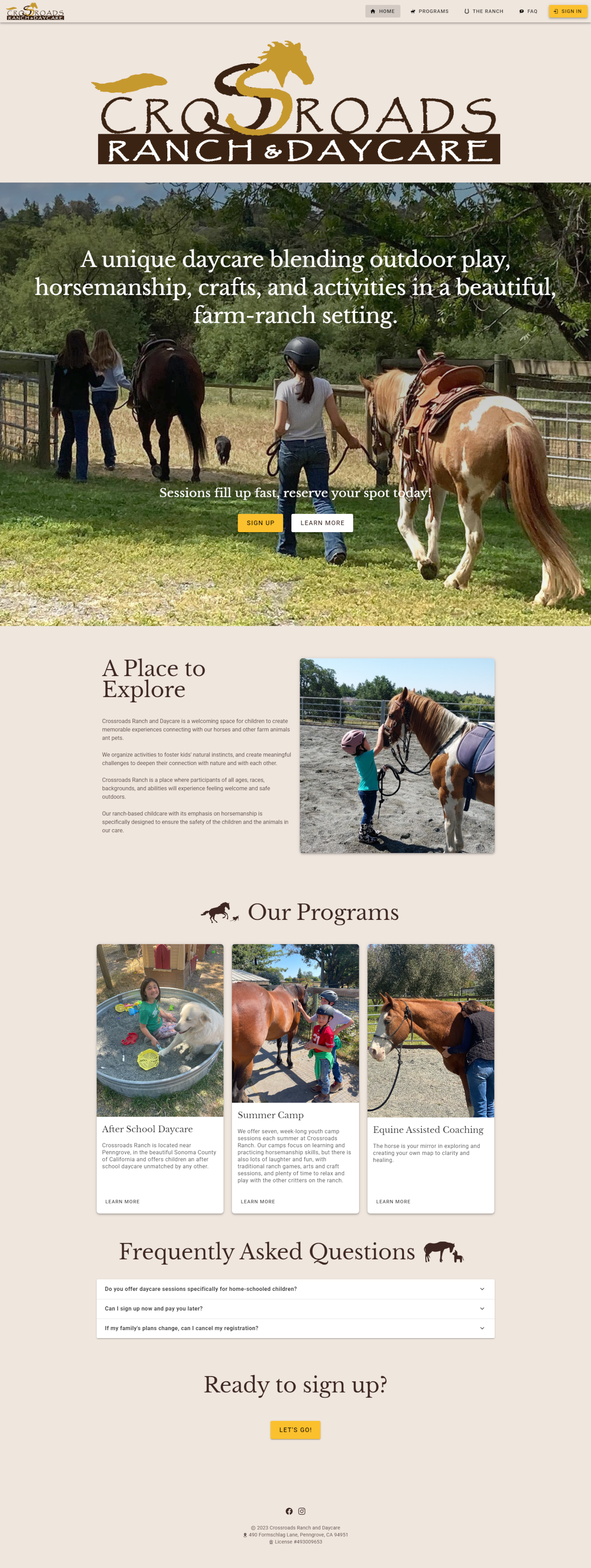 an improved landing page with hero image, intro section, program cards, FAQ, and sign up button
