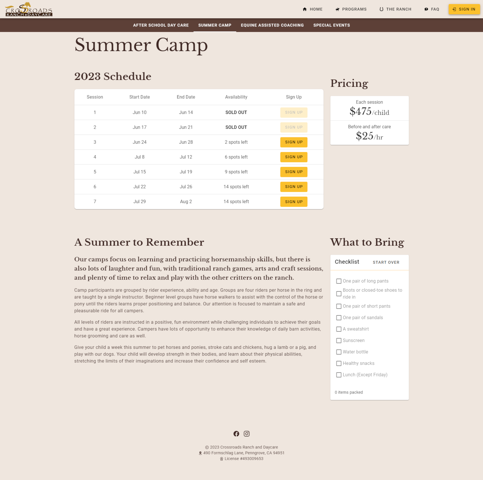 a camp registration page displaying a schedule, pricing, description, and packing checklist