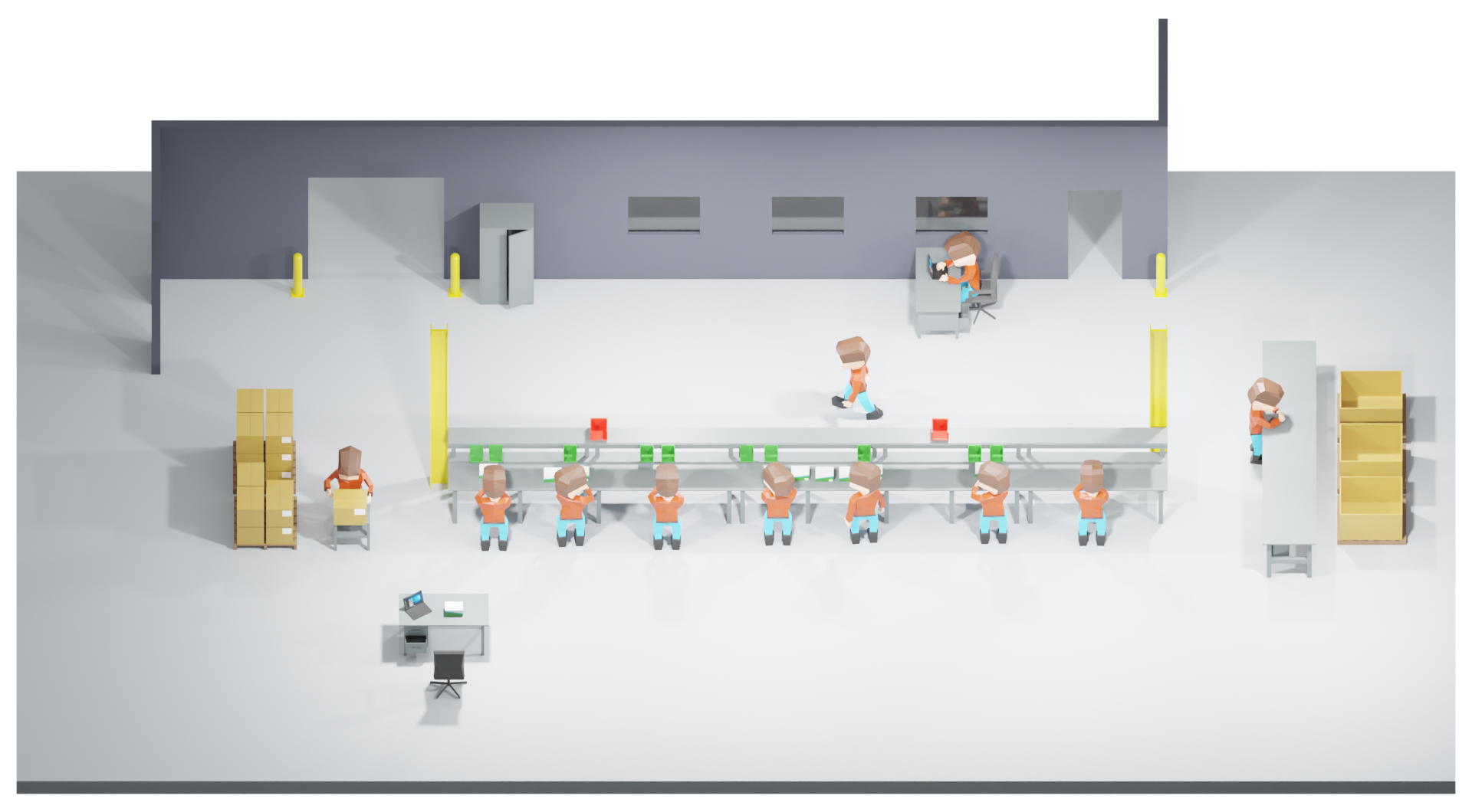 a 3D rendering of a row of work tables at which workers in orange shirts pack boxes and converse