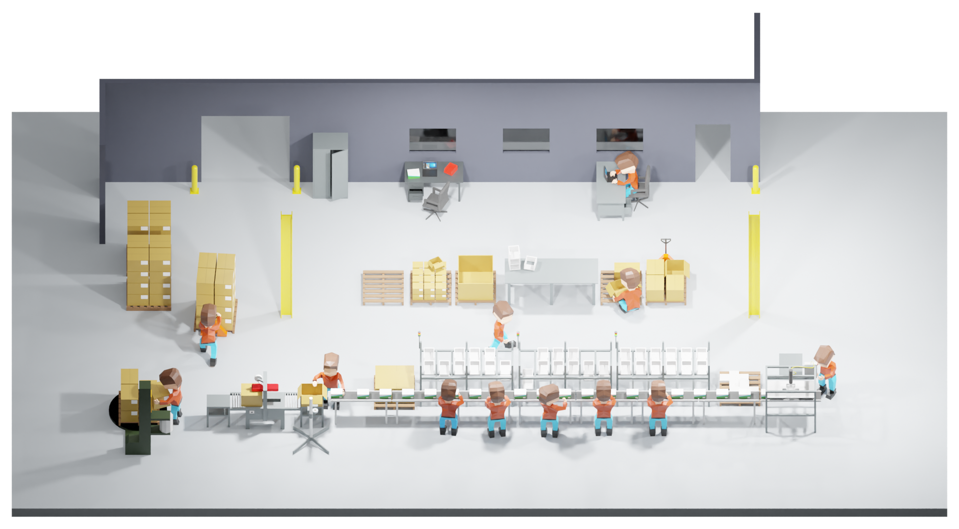 a 3D rendering of a row of conveyors with workers packing boxes as they move down the line